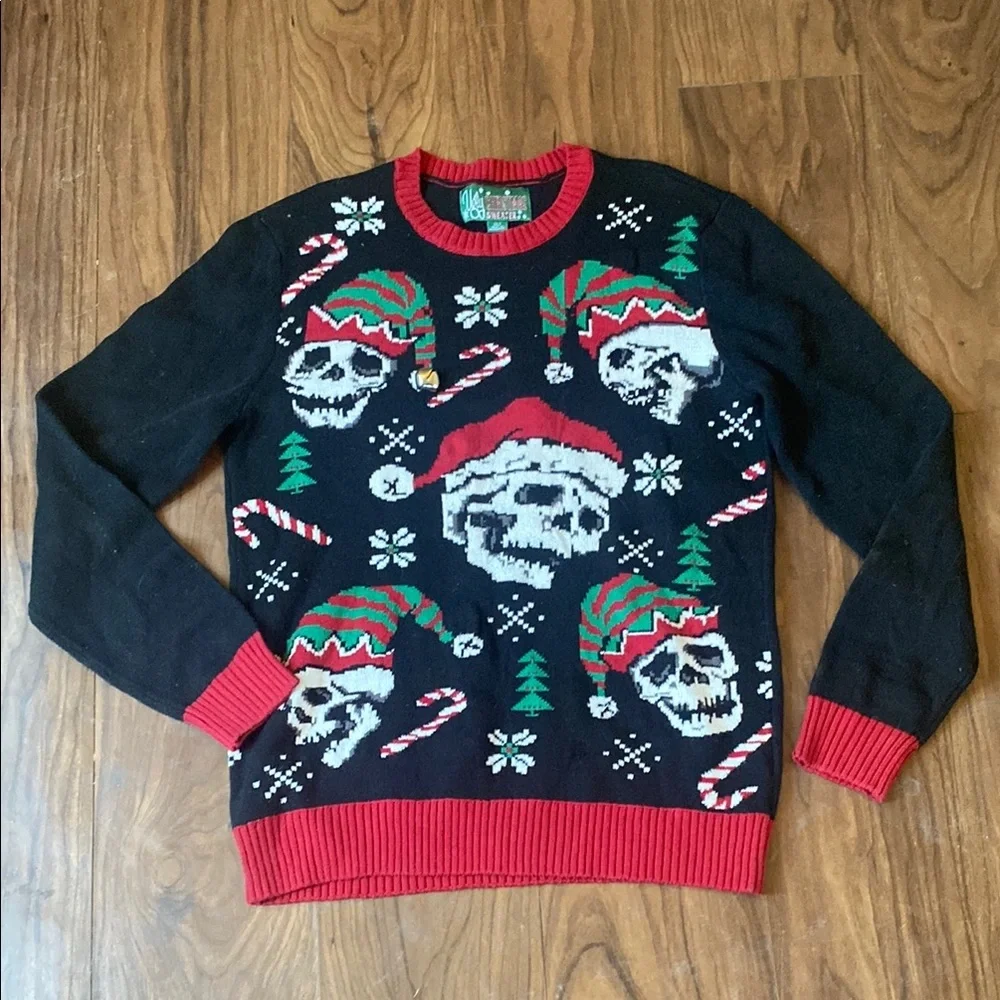 Ugly Christmas Sweater Skulls Santa Hats Candy Canes Black Red Knit Unisex Large - Picture 2 of 7